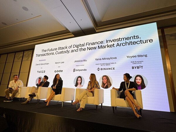 From left to right: Moderator David Gevorkian, Managing Director of TWO23 Group; Kevin Lee, Chief  Business Officer at Gate; Jessica Wu, Head of APAC at Bitpanda Technology Solutions; Yana  Minaylova, Head of Institutional Sales and Business Development for MENA at Binance; and Yoyee  Wang, Head of Business-to-Business at Bybit.